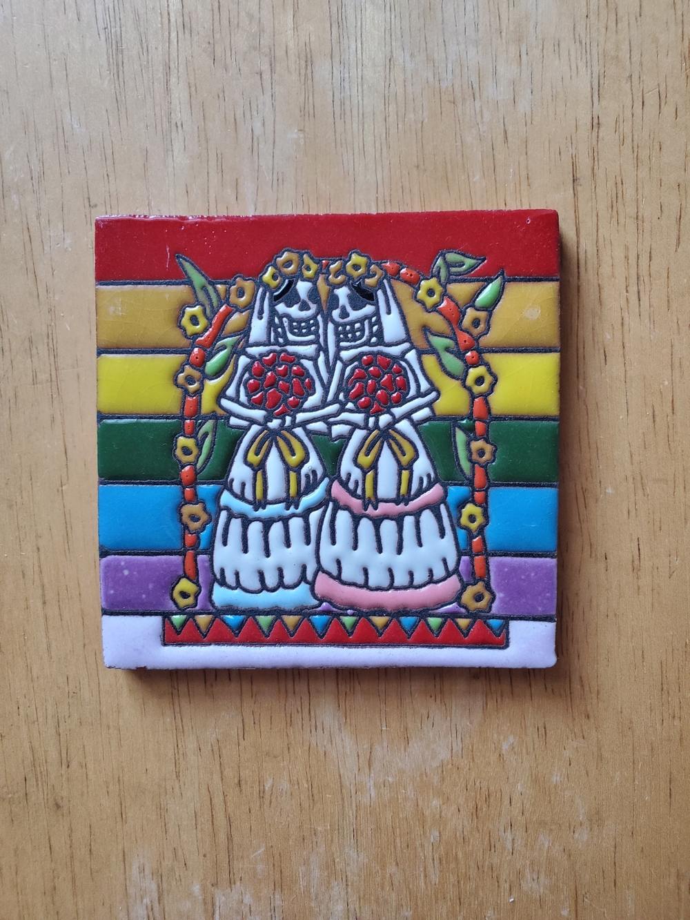 Rainbow Striped Day of the Dead Brides Ceramic Tile - Handmade